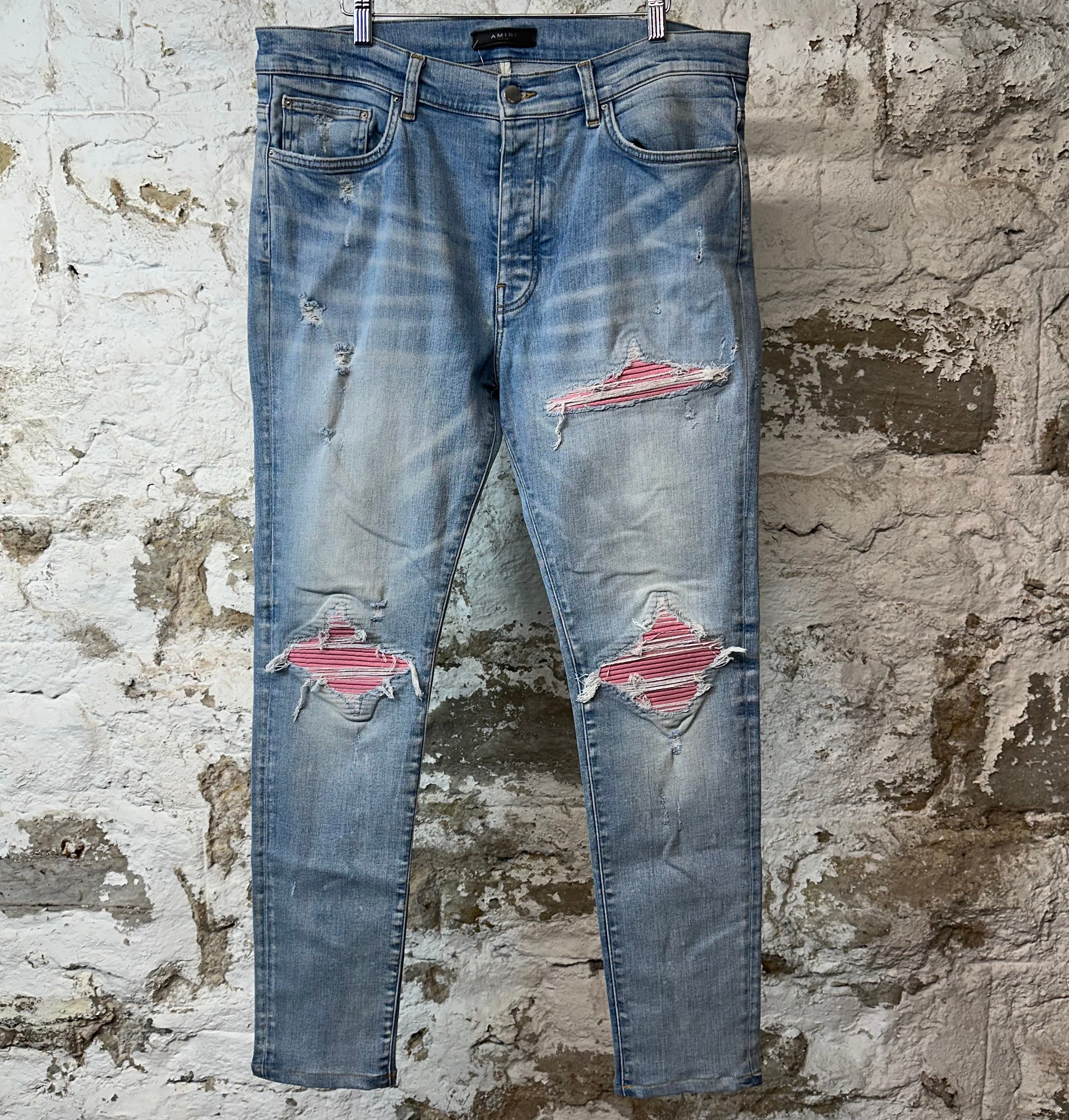 Amiri MX1 Pink Suede Blue Denim Jeans Sz 36