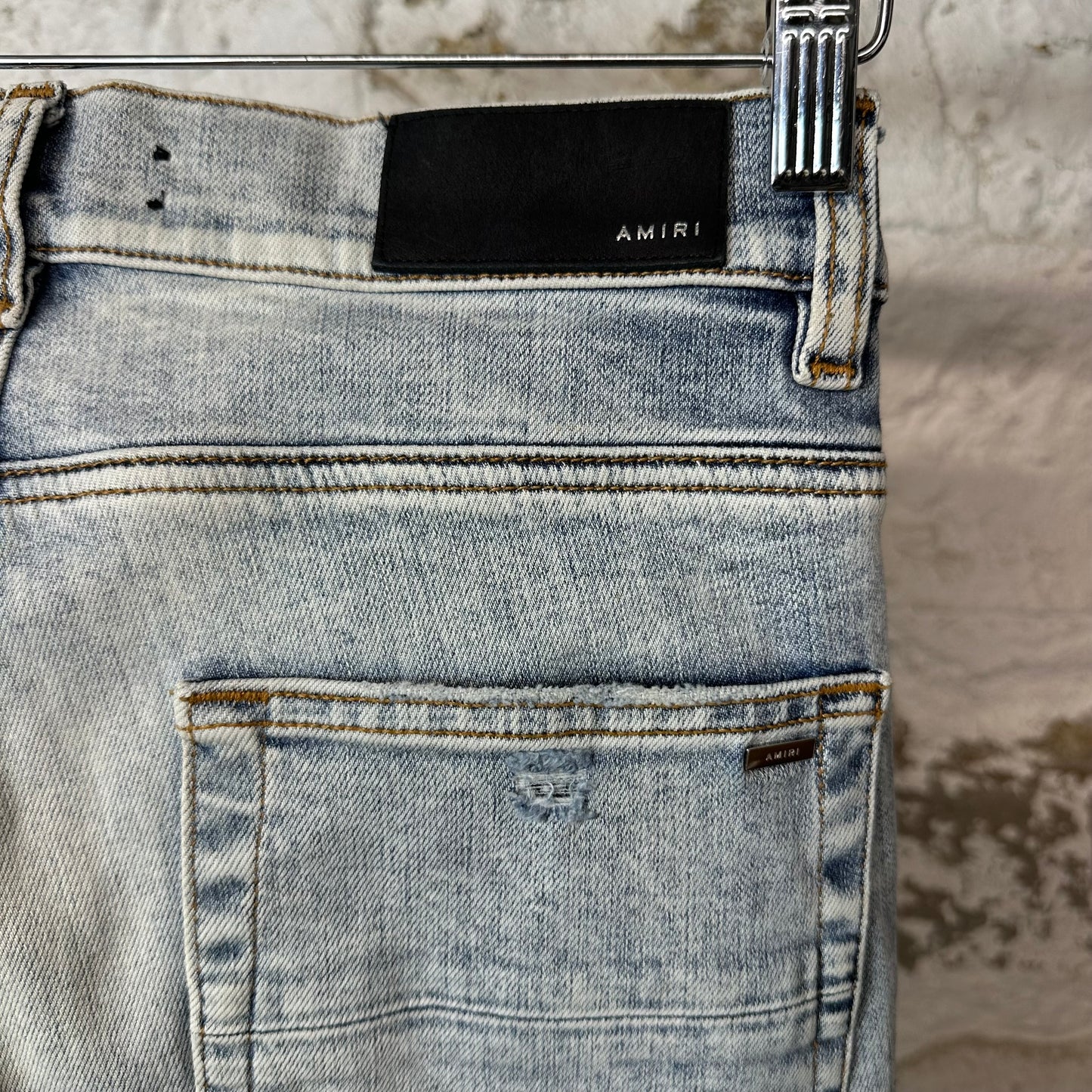 Amiri MX1 Black Leather Washed Blue Denim Jeans Sz 28