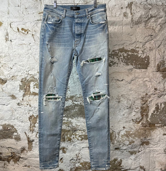 Amiri MX1 Green Plaid Flannel Blue Denim Jeans Sz 34