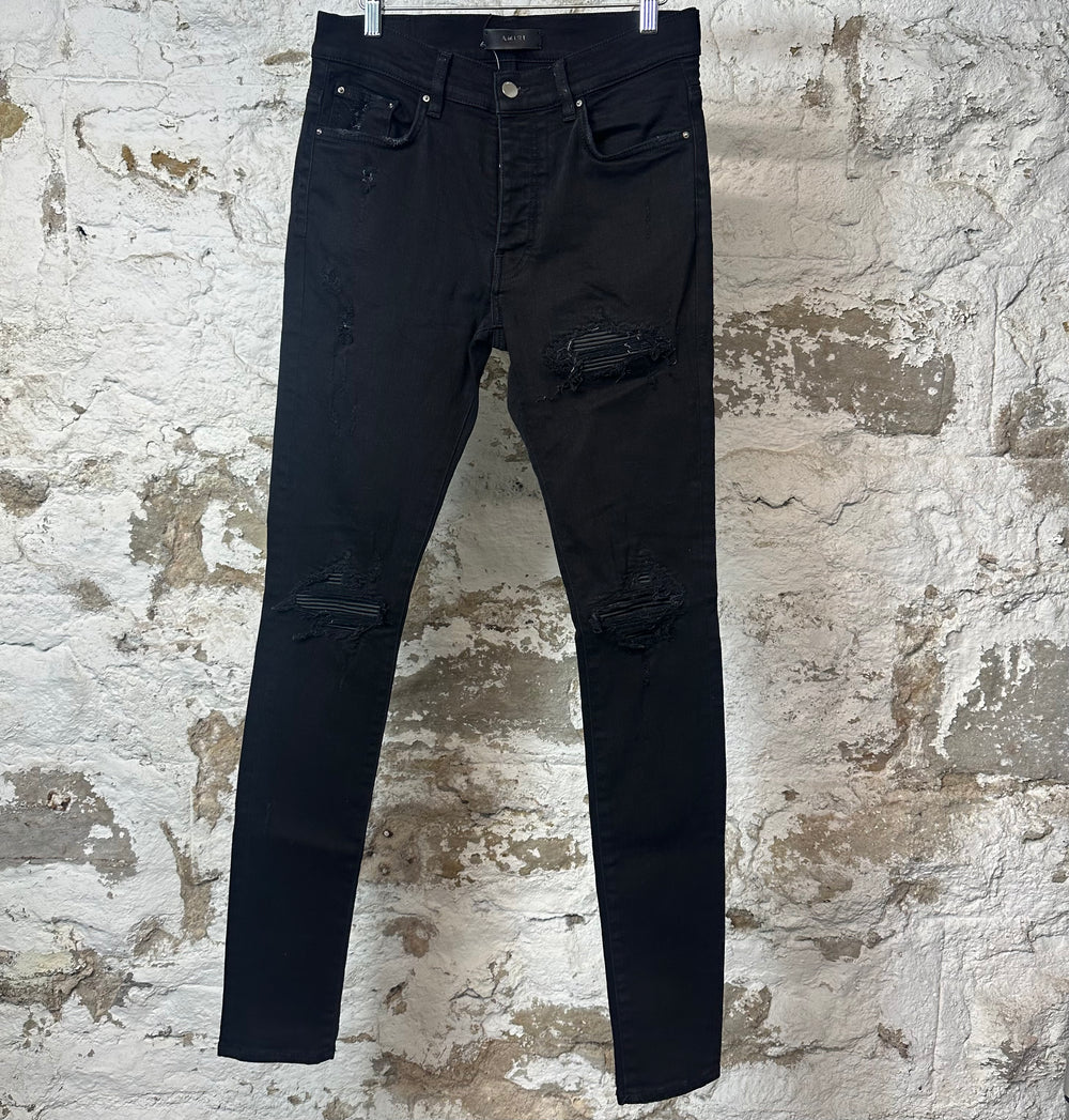Amiri MX1 Black Leather Black Denim Jeans Sz 31