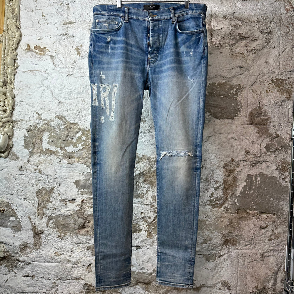 Amiri Distressed Side Spell Blue Denim Jeans Sz 36