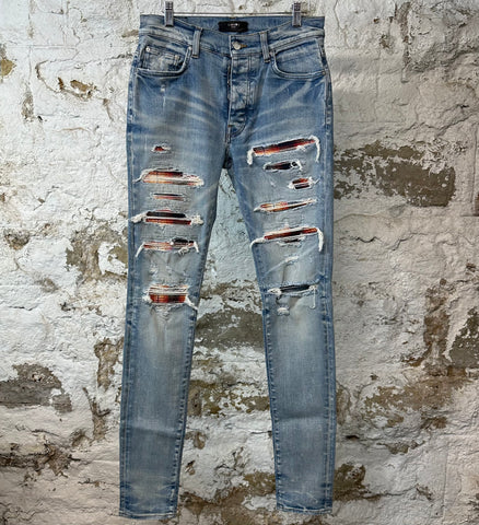 Amiri MX1 Multicolor Flannel Blue Denim Jeans Sz 30