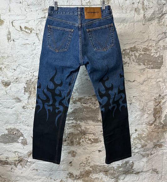 Vetements Black Flames Blue Denim Jeans Sz S
