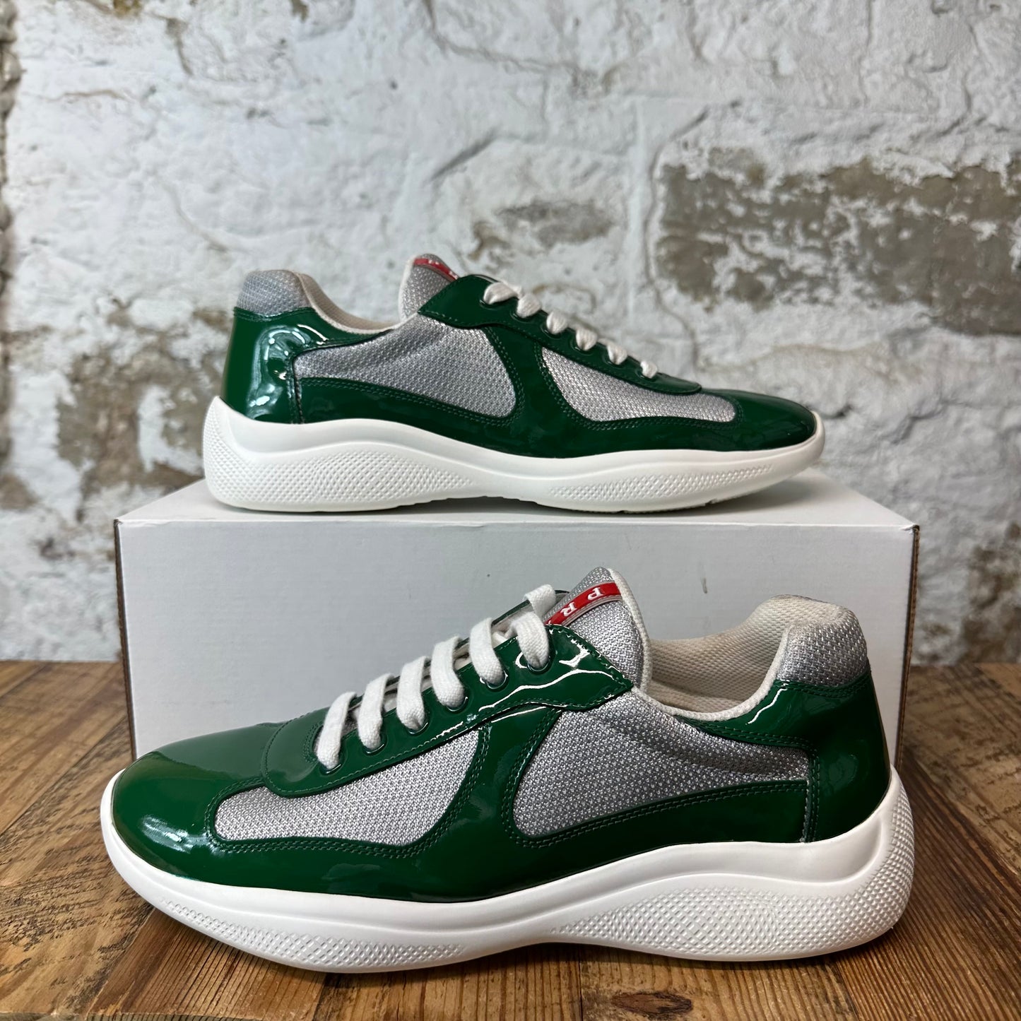 Prada Americas Cup Green Patent Grey White Sneaker Sz 8.5