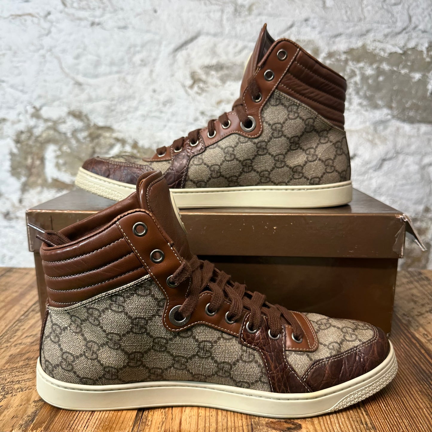 Gucci High GG Monogram Brown Beige Sneaker Sz 8