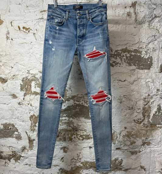Amiri MX1 Red Suede Blue Denim Jeans Sz 29