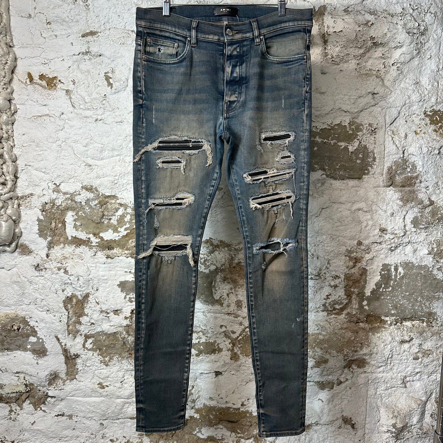 Amiri MX1 Black Leather Thrasher Dirty Blue Denim Jeans Sz 34