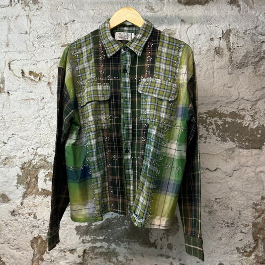 Vale Green Brown Plaid Rhinestone Flannel Sz M