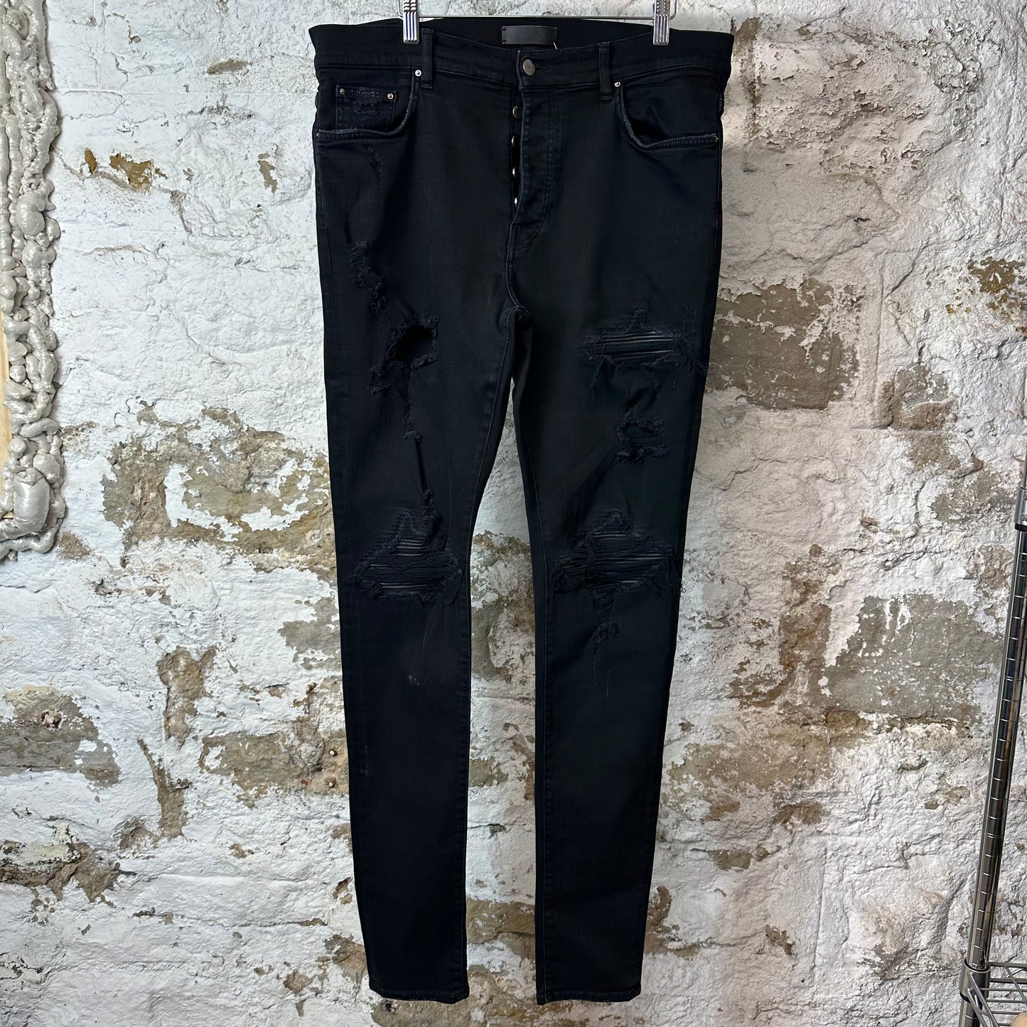 Amiri MX1 Black Leather Black Denim Jeans Sz 36