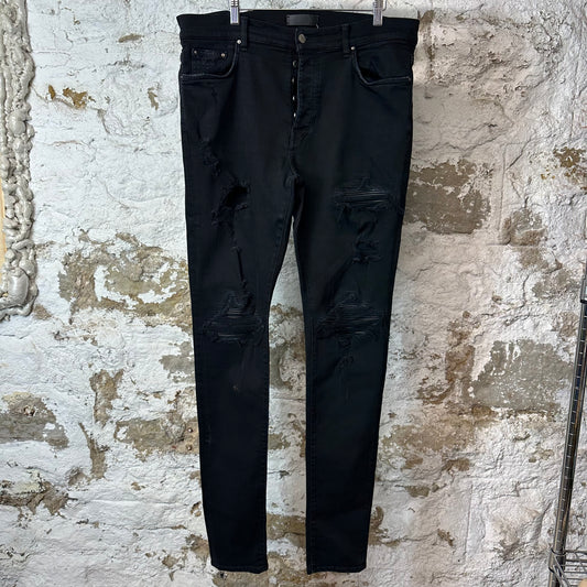 Amiri MX1 Black Leather Black Denim Jeans Sz 36