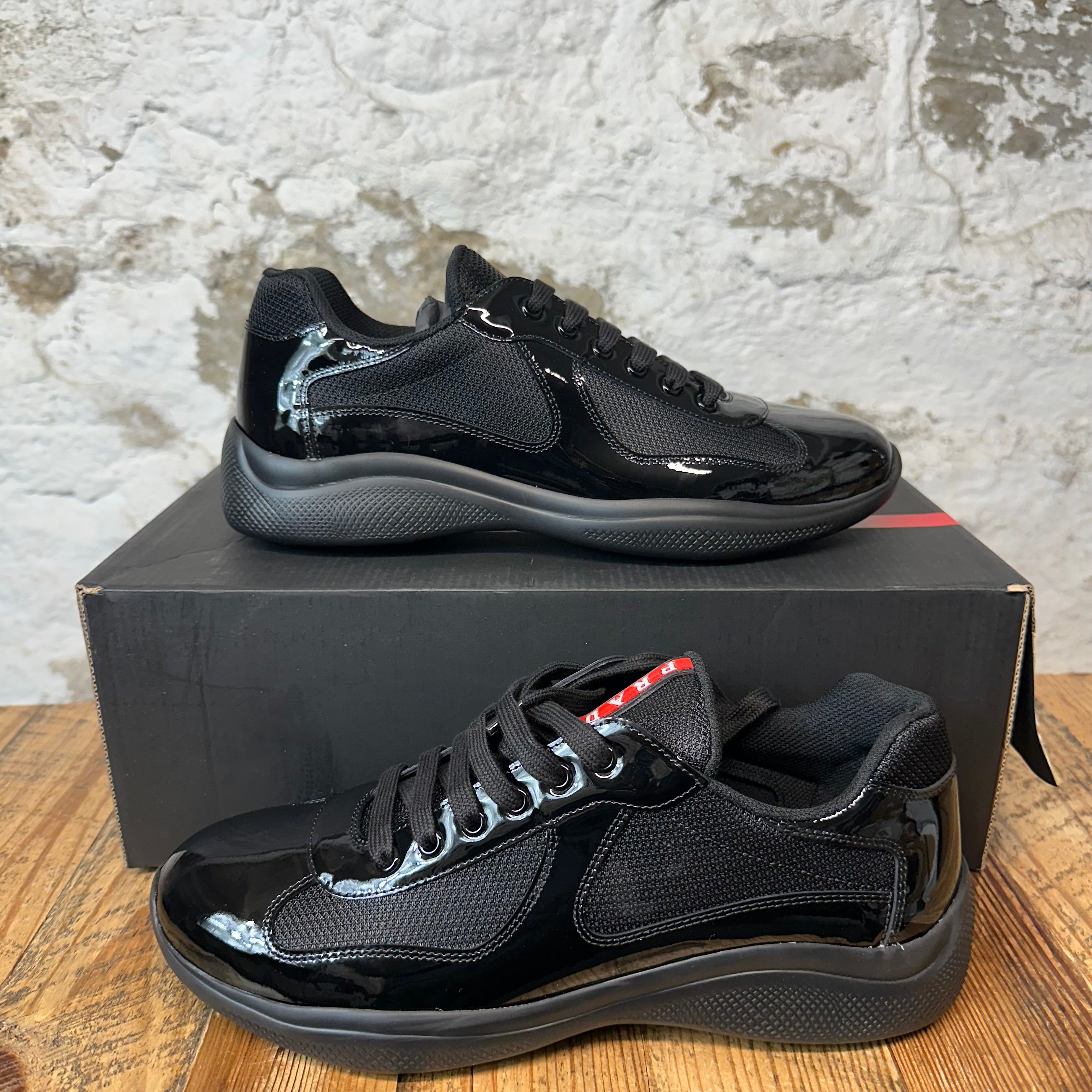 Prada Americas Cup Triple Black Patent Sneaker Sz 9.5 DS