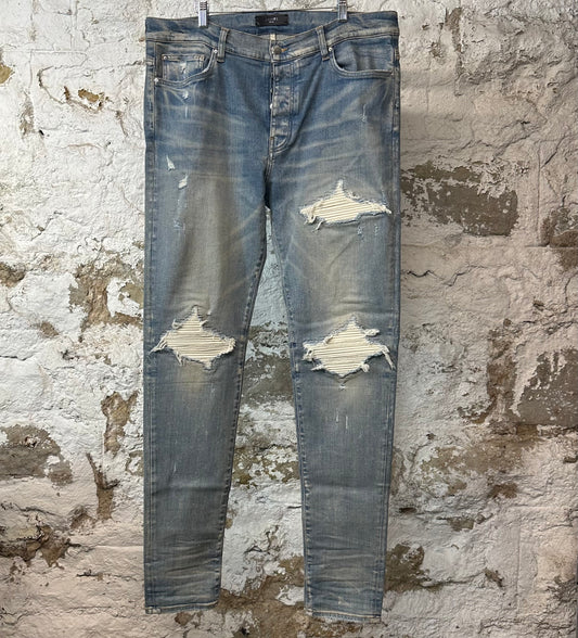 Amiri MX1 Cream Suede Blue Denim Jeans Sz 38