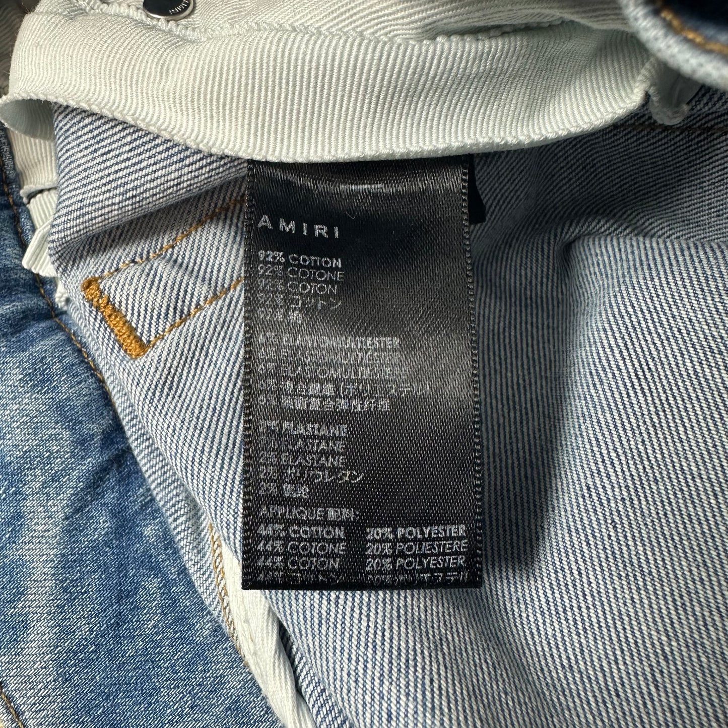 Amiri MX1 Cream Woven Core Logo Blue Denim Jeans Sz 30