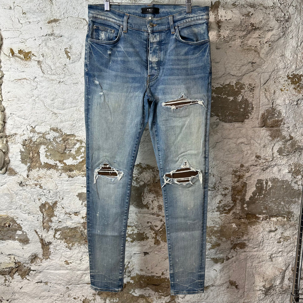 Amiri MX1 Brown Suede Blue Denim Jeans Sz 34