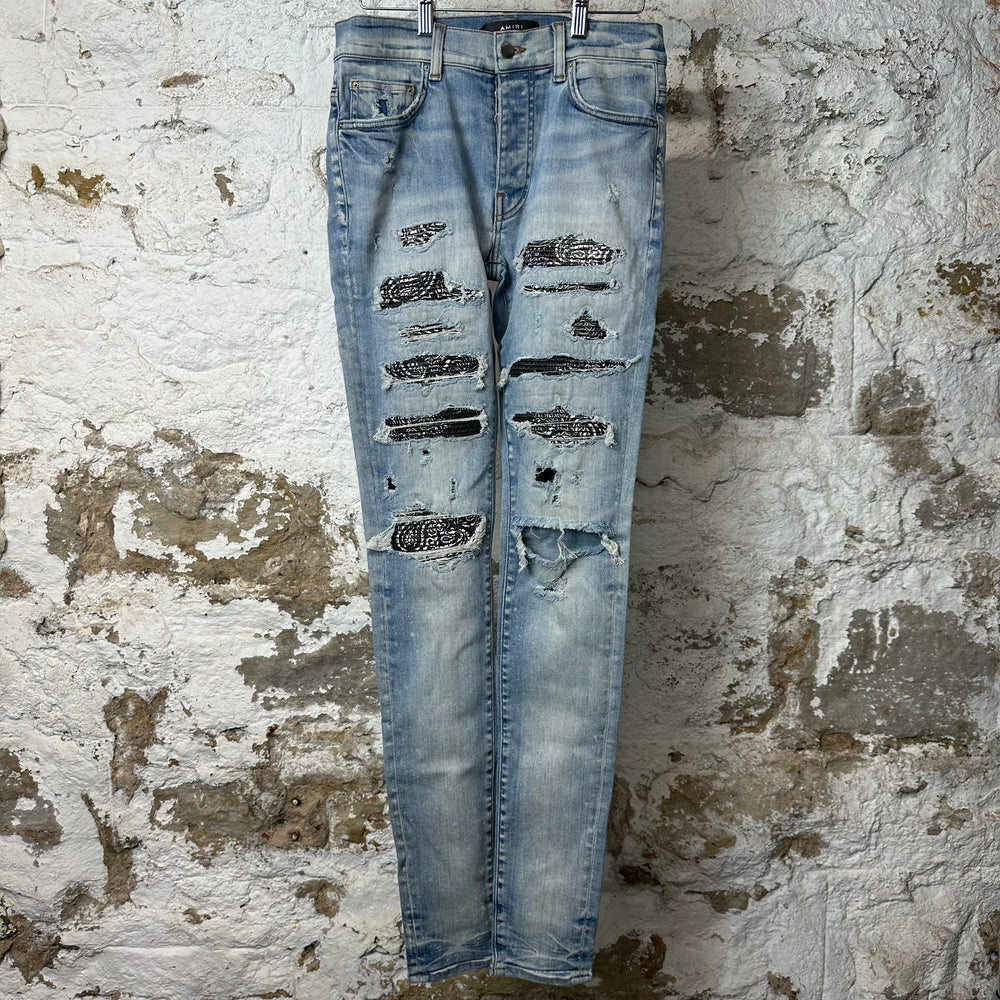 Amiri MX1 Black Paisley Thrasher Blue Denim Jeans Sz 29