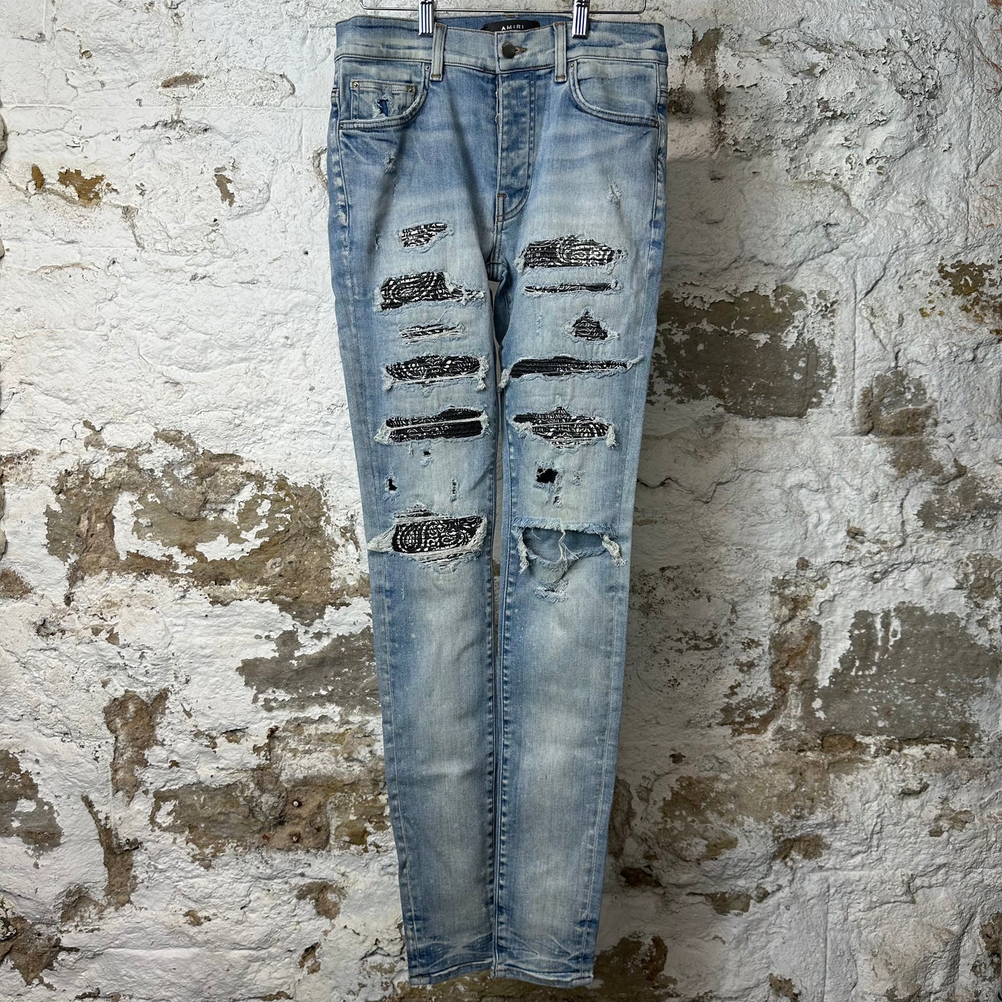 Amiri MX1 Black Paisley Thrasher Blue Denim Jeans Sz 29