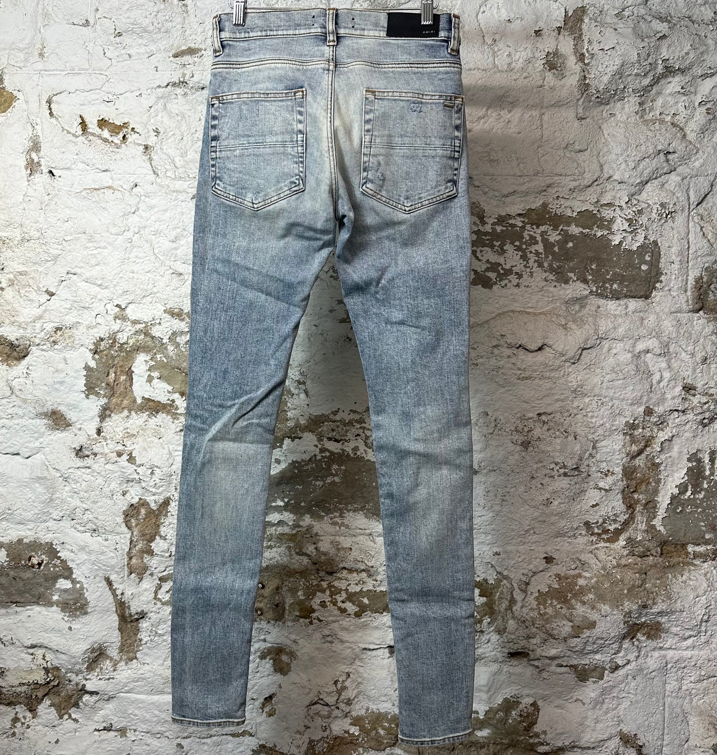 Amiri MX1 Black Leather Washed Blue Denim Jeans Sz 28