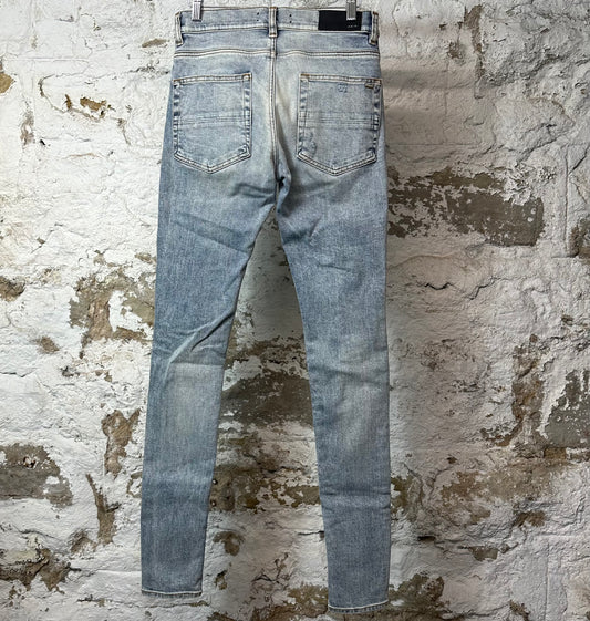 Amiri MX1 Black Leather Washed Blue Denim Jeans Sz 28