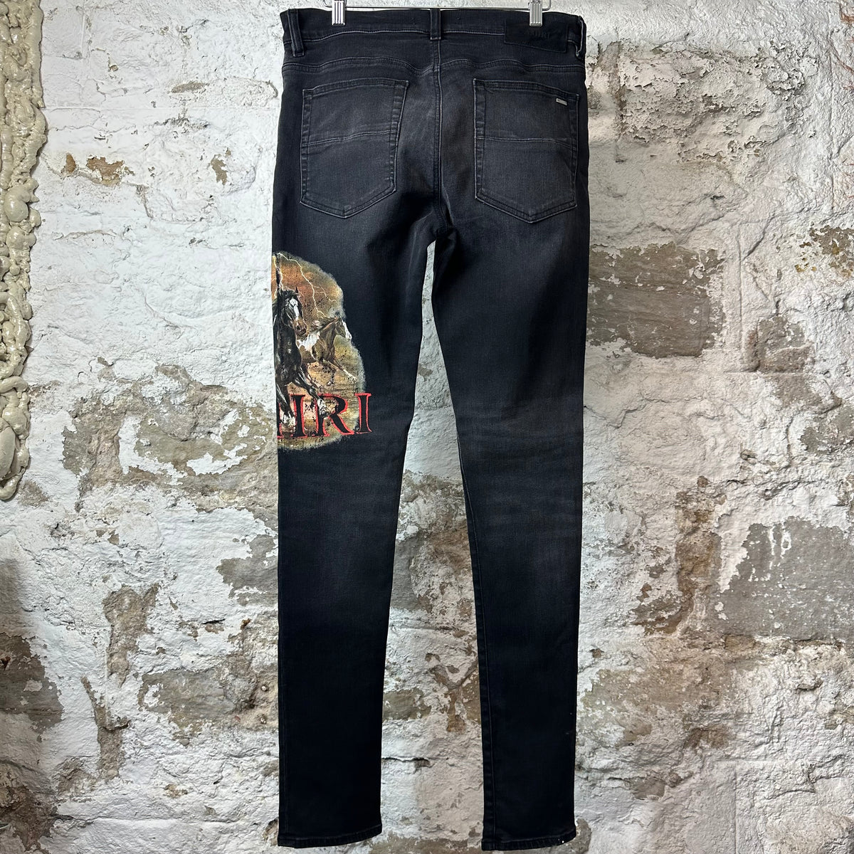 Amiri Horse Logo Distressed Black Denim Jeans Sz 33
