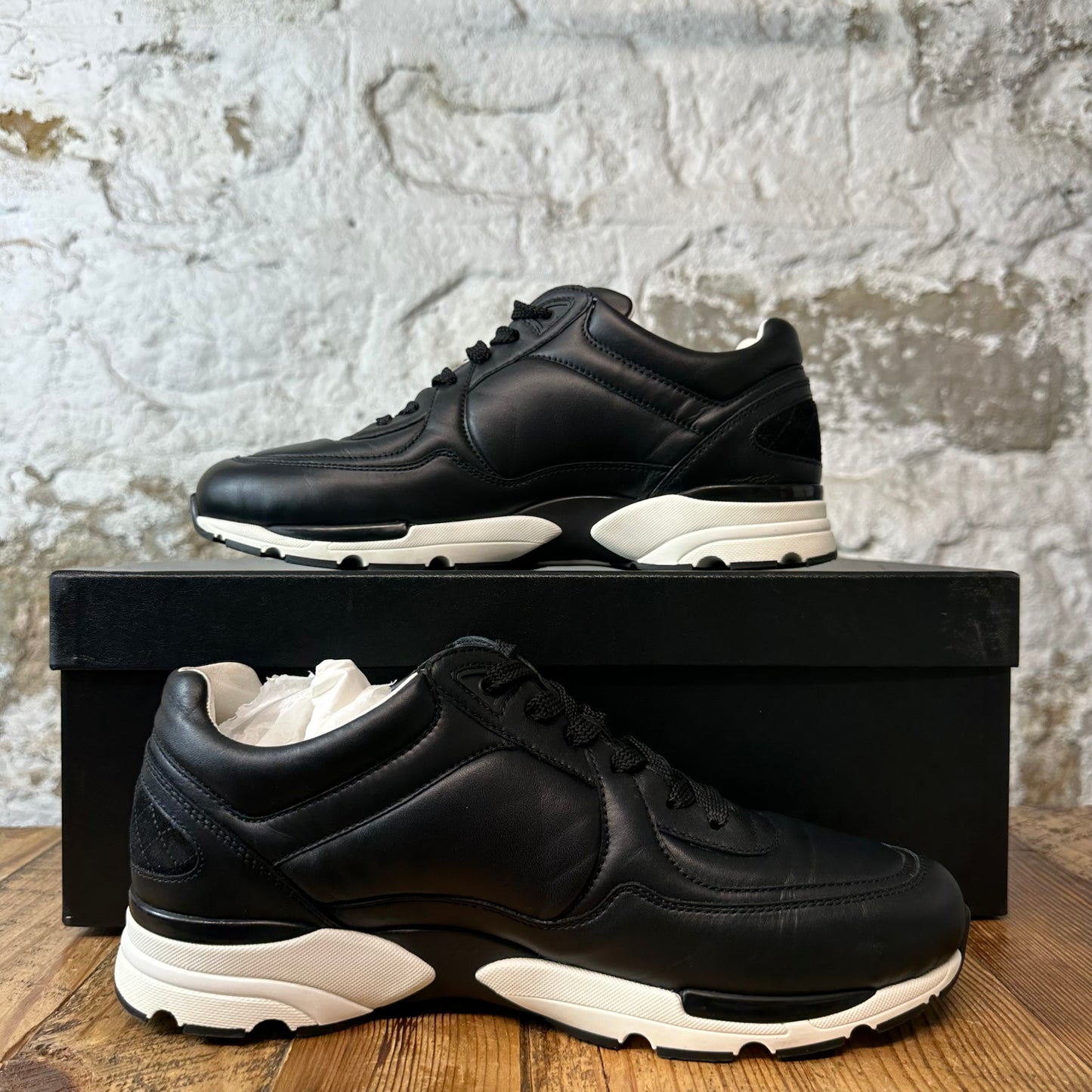 Chanel CC Triple Black Leather White Trainer Sneaker Sz 9 (42)