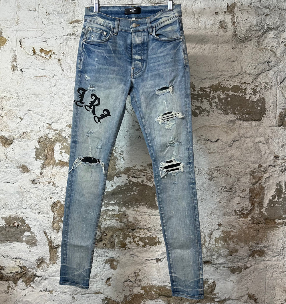 Amiri Old English Spell Blue Denim Jeans Sz 28