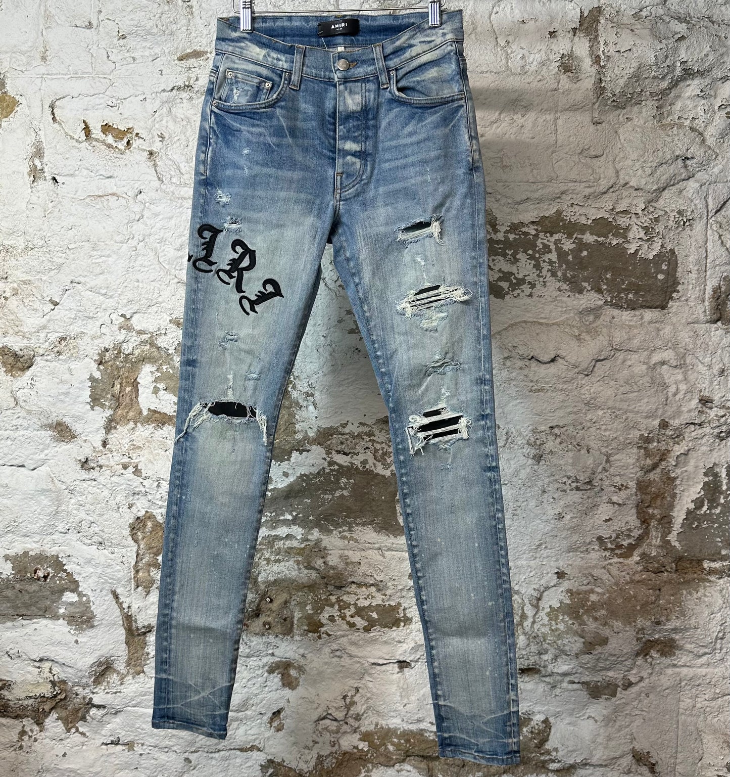 Amiri Old English Spell Blue Denim Jeans Sz 28