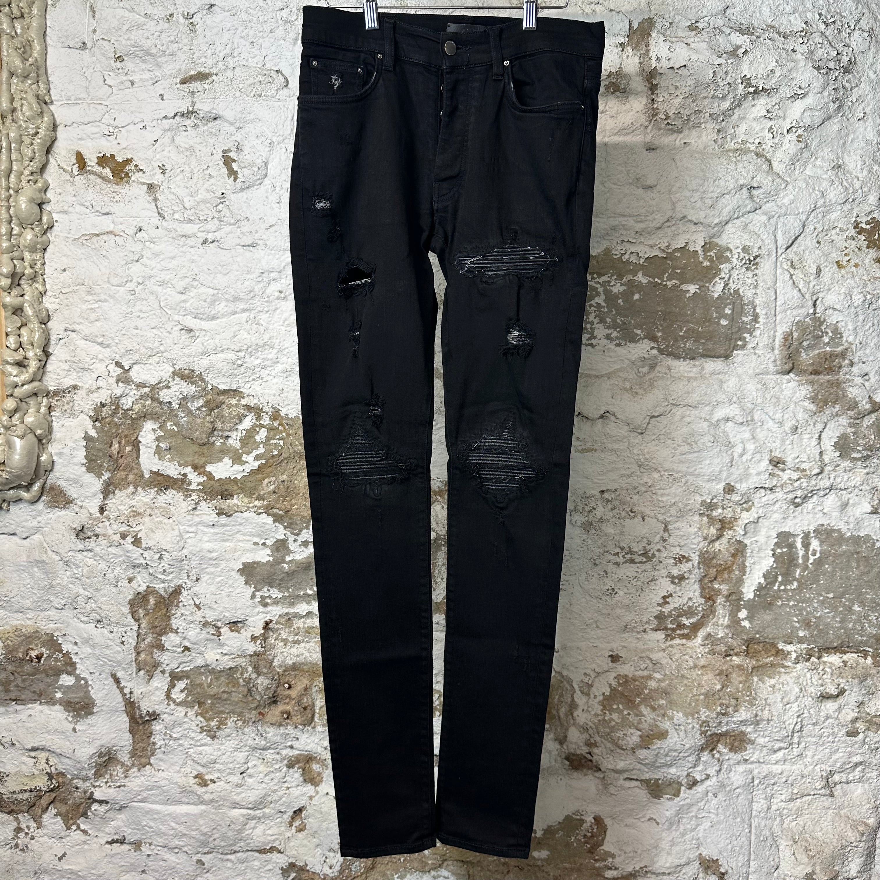 Amiri MX1 Black Leather Black Denim Jeans Sz 31