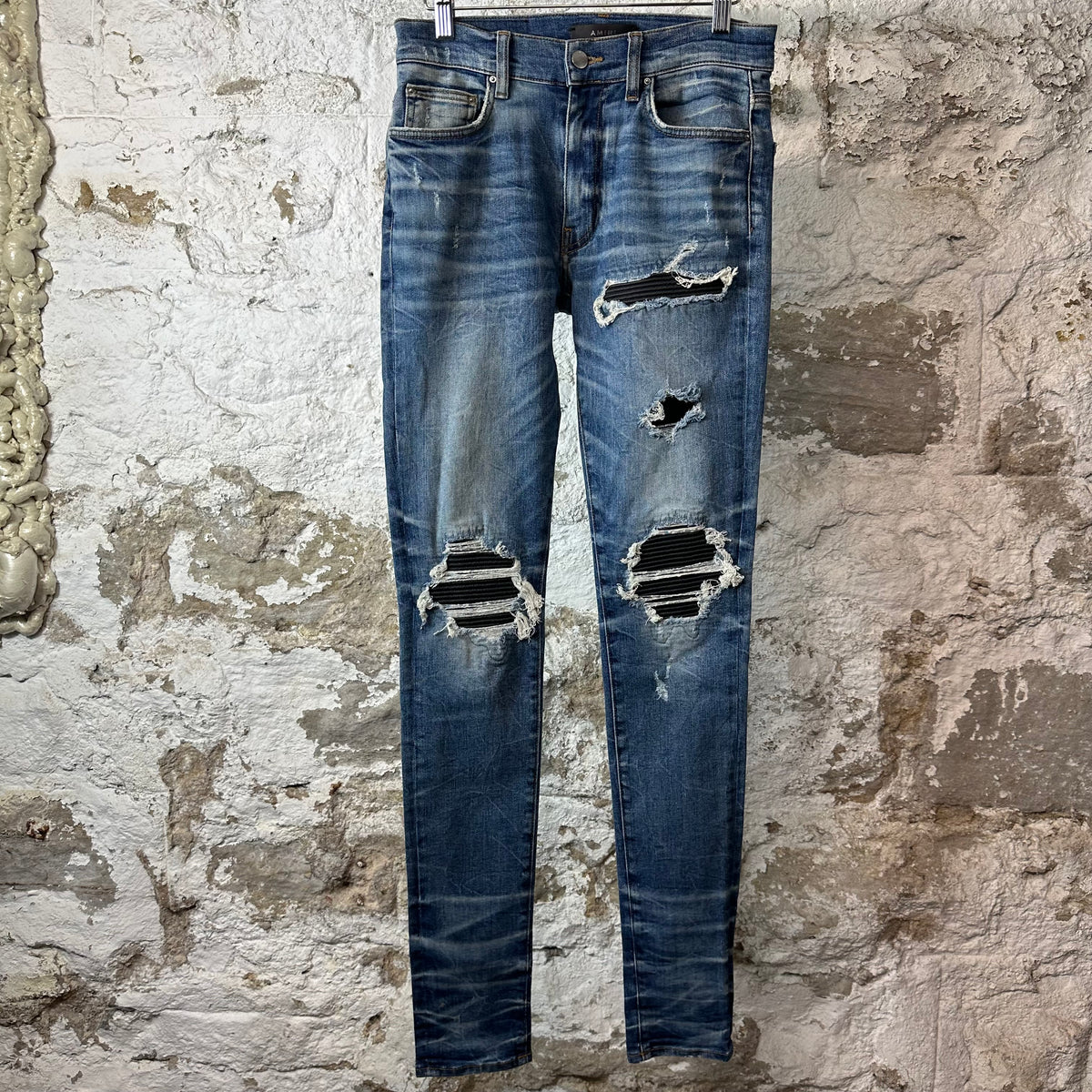 Amiri MX1 Black Leather Dark Blue Denim Jeans Sz 29