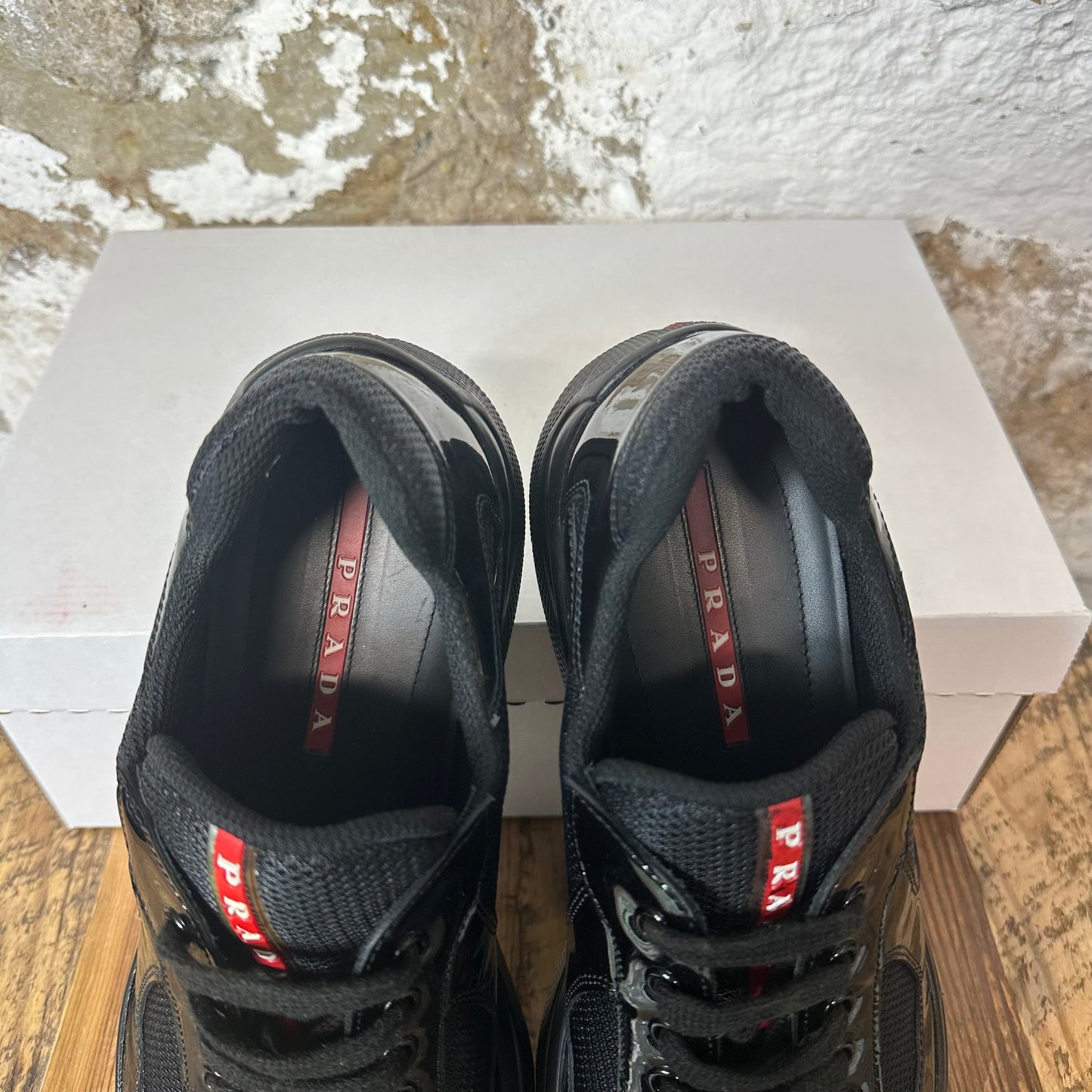 Prada Americas Cup Triple Black Patent Sneaker Sz 8