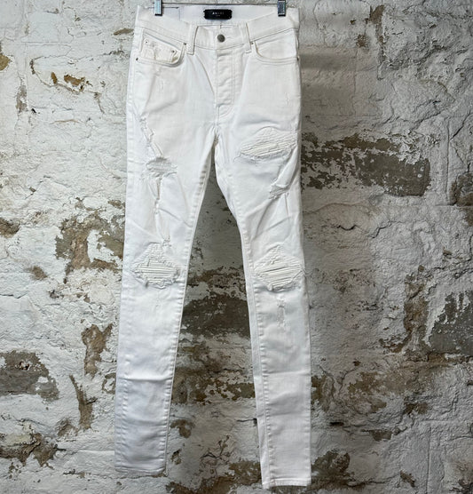 Amiri MX1 White Leather White Denim Jeans Sz 29