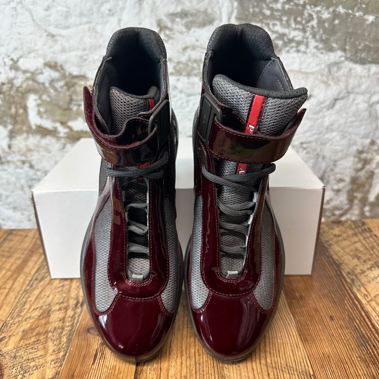 Prada High Americas Cup Vintage Maroon Patent Grey Sneaker Sz 7