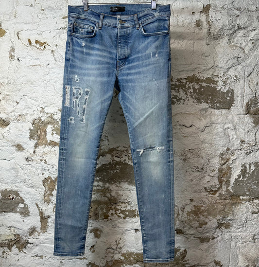 Amiri Distress Side Spell Blue Denim Jeans Sz 33