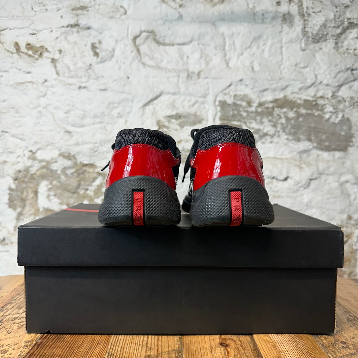 Prada Americas Cup Black Red Patent Black Sneaker Sz 10