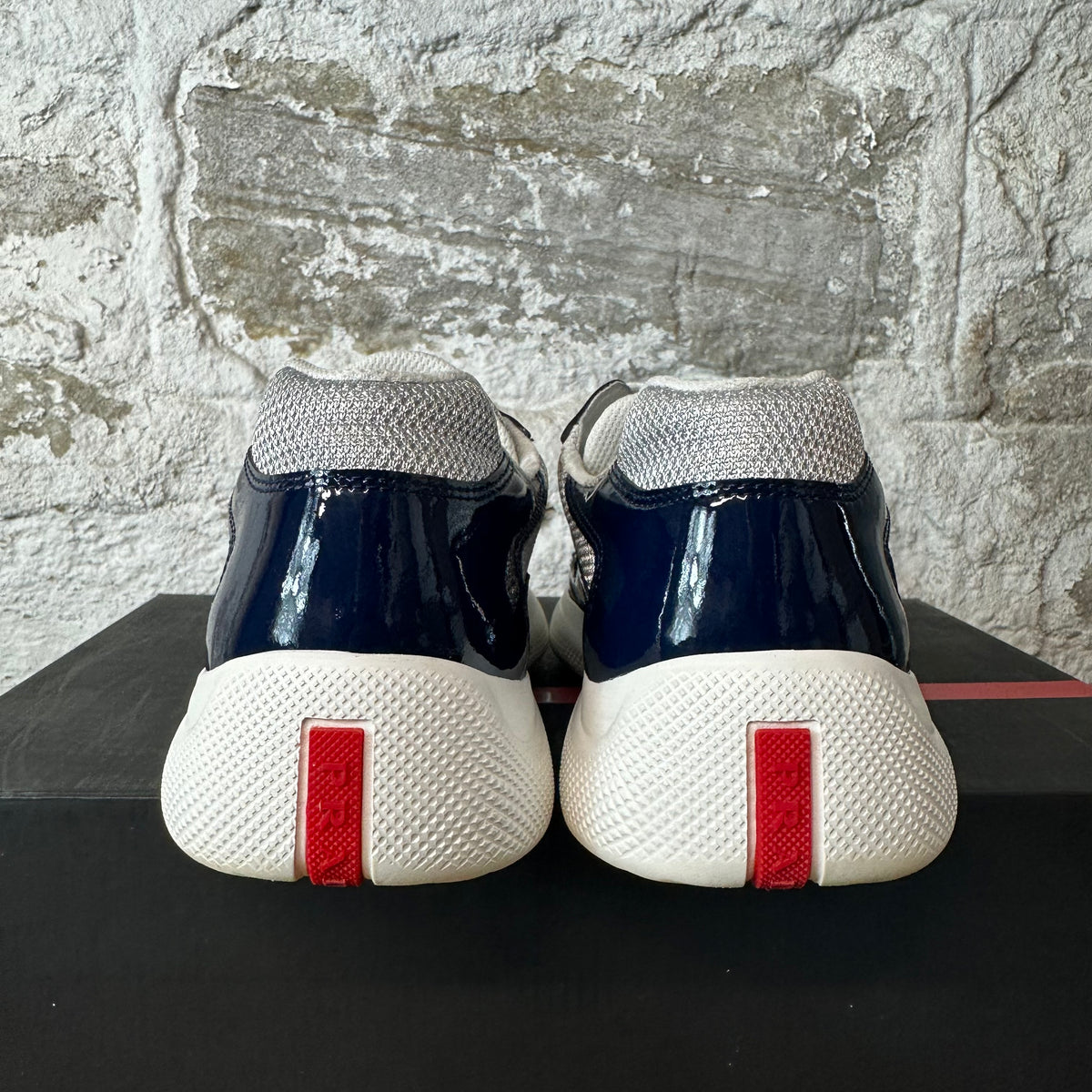 Prada Americas Cup Navy Patent Grey White Sneaker Sz 6