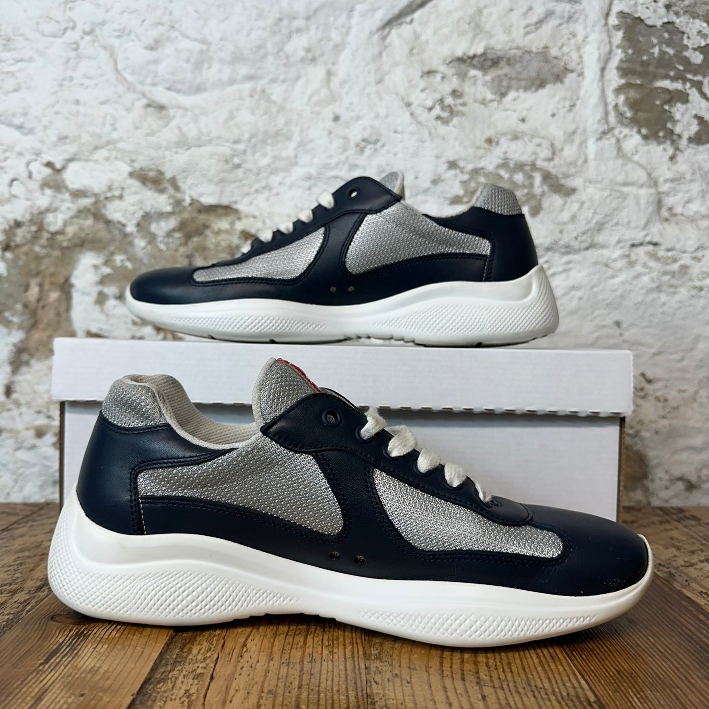 Prada Americas Cup Navy Leather Grey White Sneaker Sz 6.5 No Box
