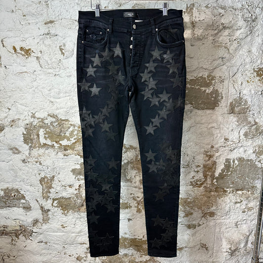Amiri Chemist Back Leather Star Black Denim Jeans Sz 33