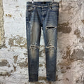 Amiri MX1 Black Leather Dirty Blue Denim Jeans Sz 34