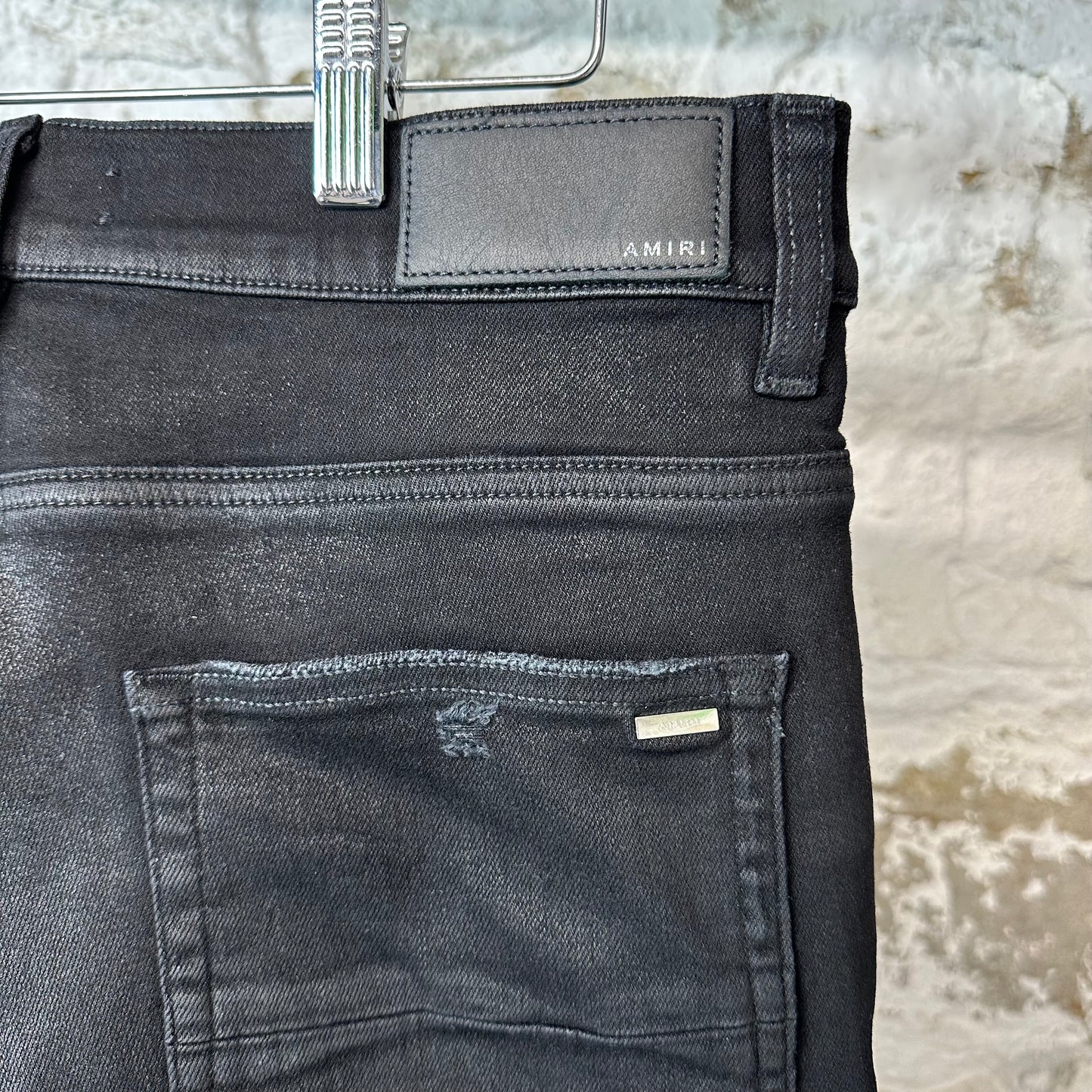 Amiri MX1 Black Leather Black Waxed Denim Jeans Sz 34