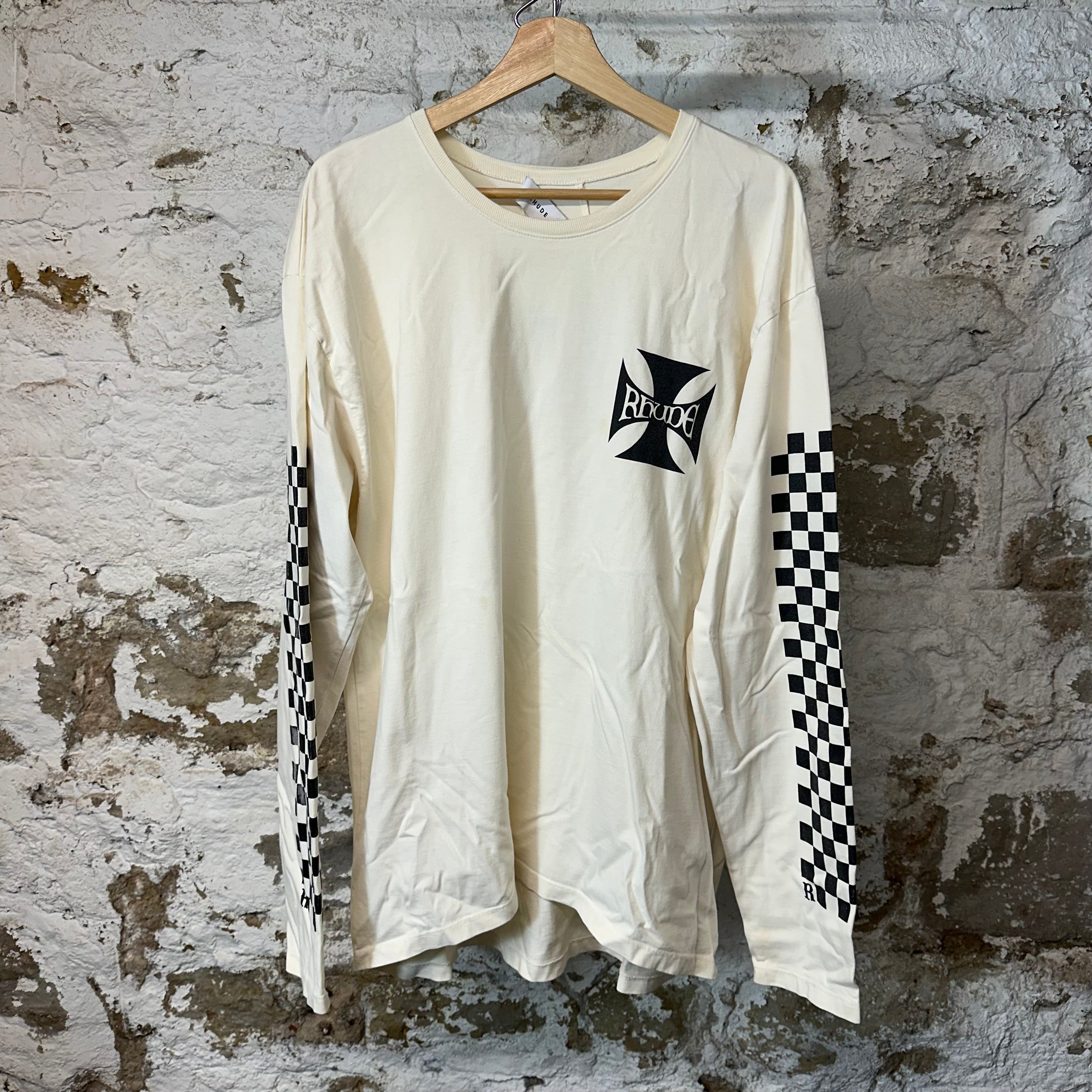 Rhude Checkered Sleeve Cross Cream Long Sleeve Sz S