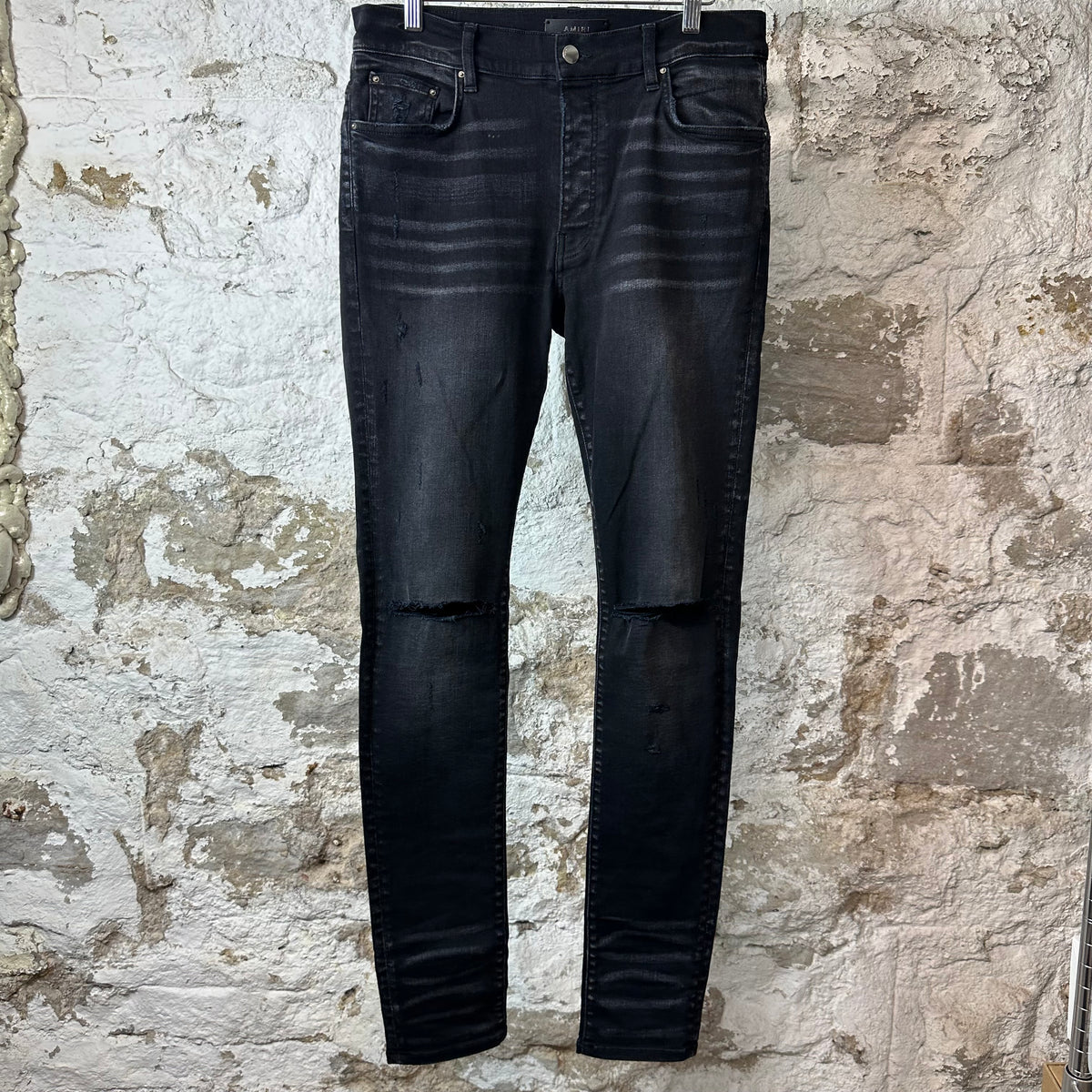 Amiri Knee Rip Faded Black Denim Jeans Sz 33