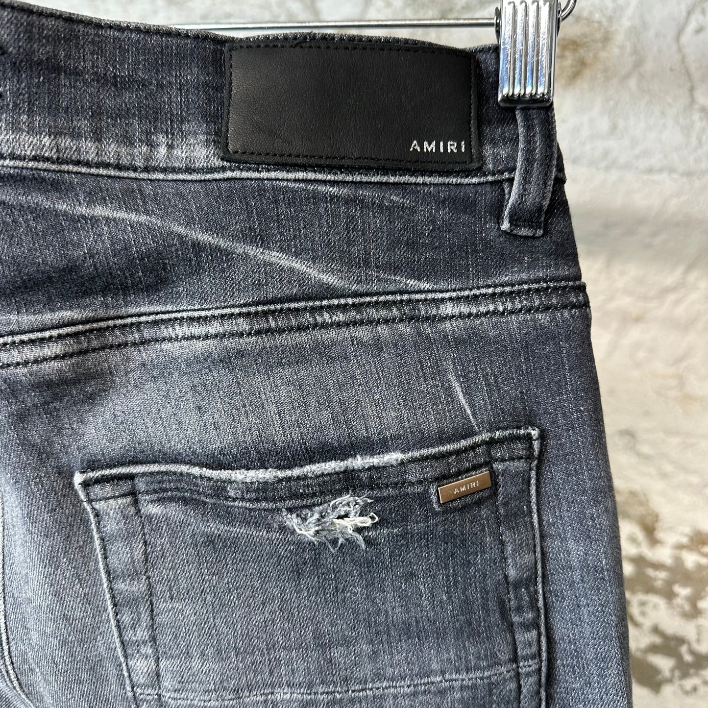 Amiri MX1 Black Leather Grey Denim Jeans Sz 28