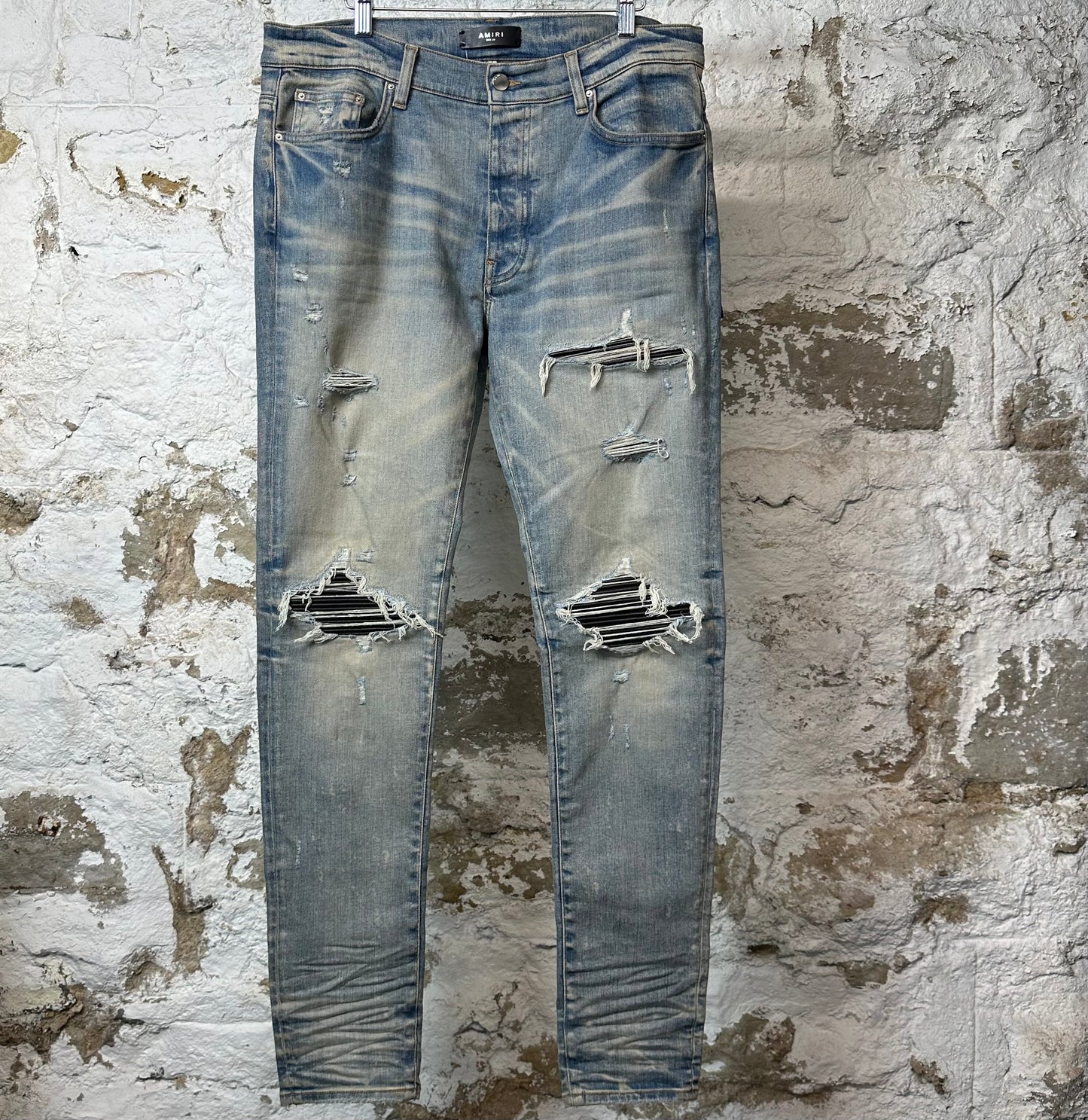 Amiri MX1 Black Leather Blue Denim Jeans Sz 34