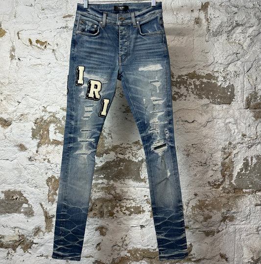 Amiri Varsity Patch Distressed Blue Denim Jeans Sz 28