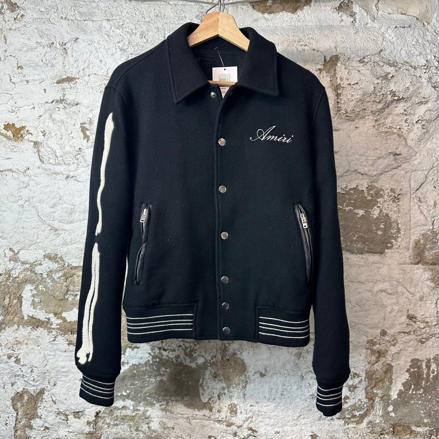 Amiri Cream Bone Wool Varsity Jacket Black Sz M