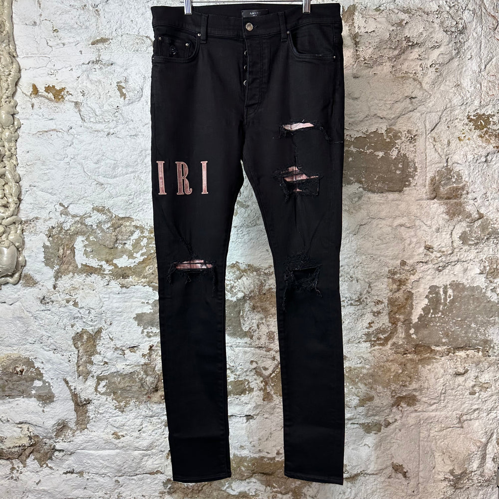 Amiri Red Tie Dye Core Logo Black Denim Jeans Sz 34
