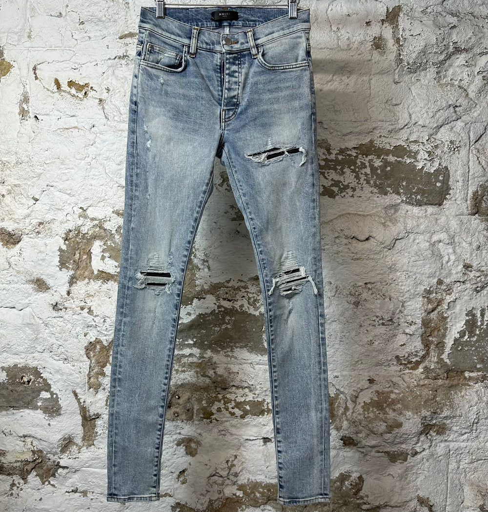 Amiri MX1 Black Leather Washed Blue Denim Jeans Sz 28