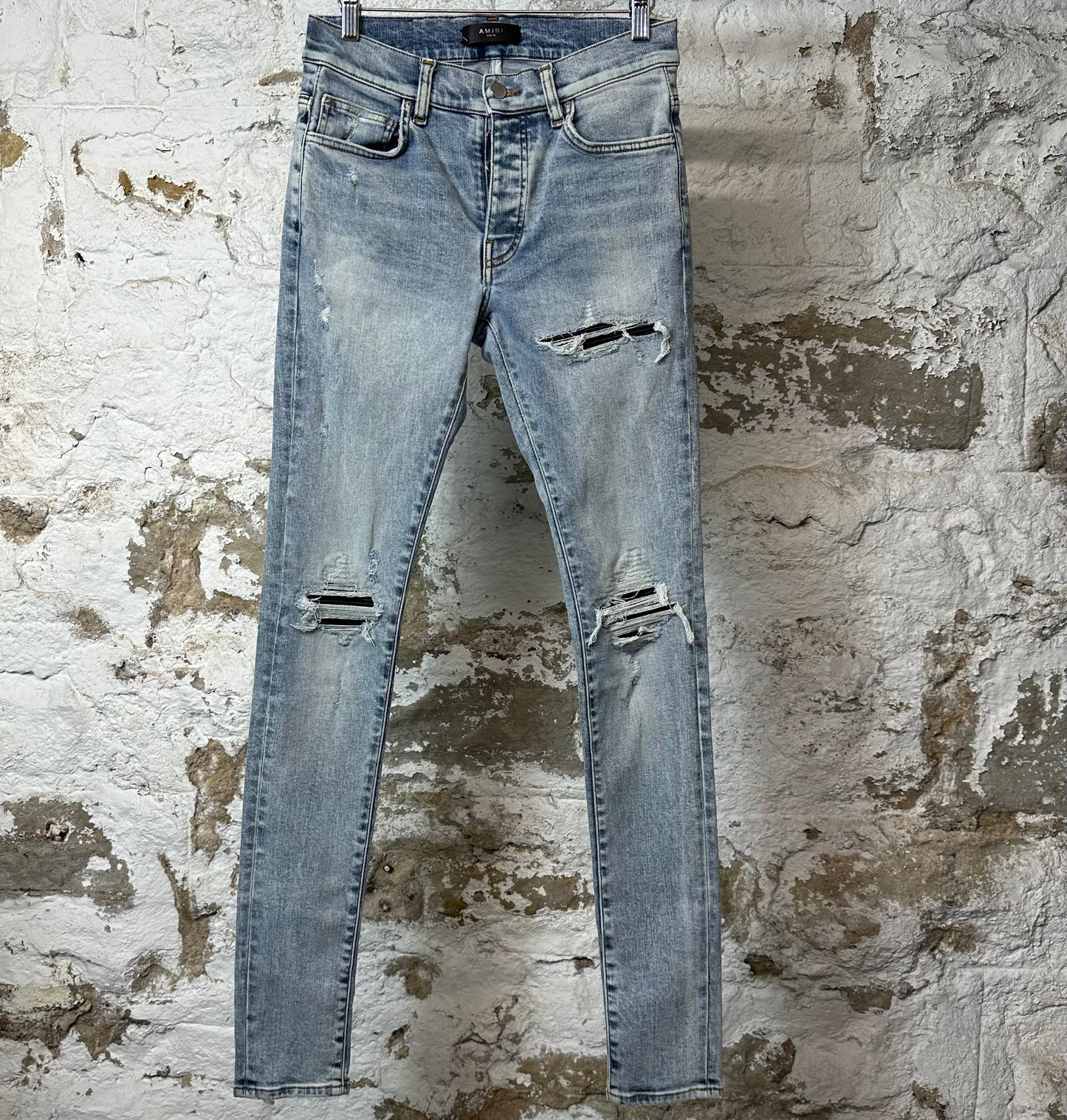 Amiri MX1 Black Leather Washed Blue Denim Jeans Sz 28