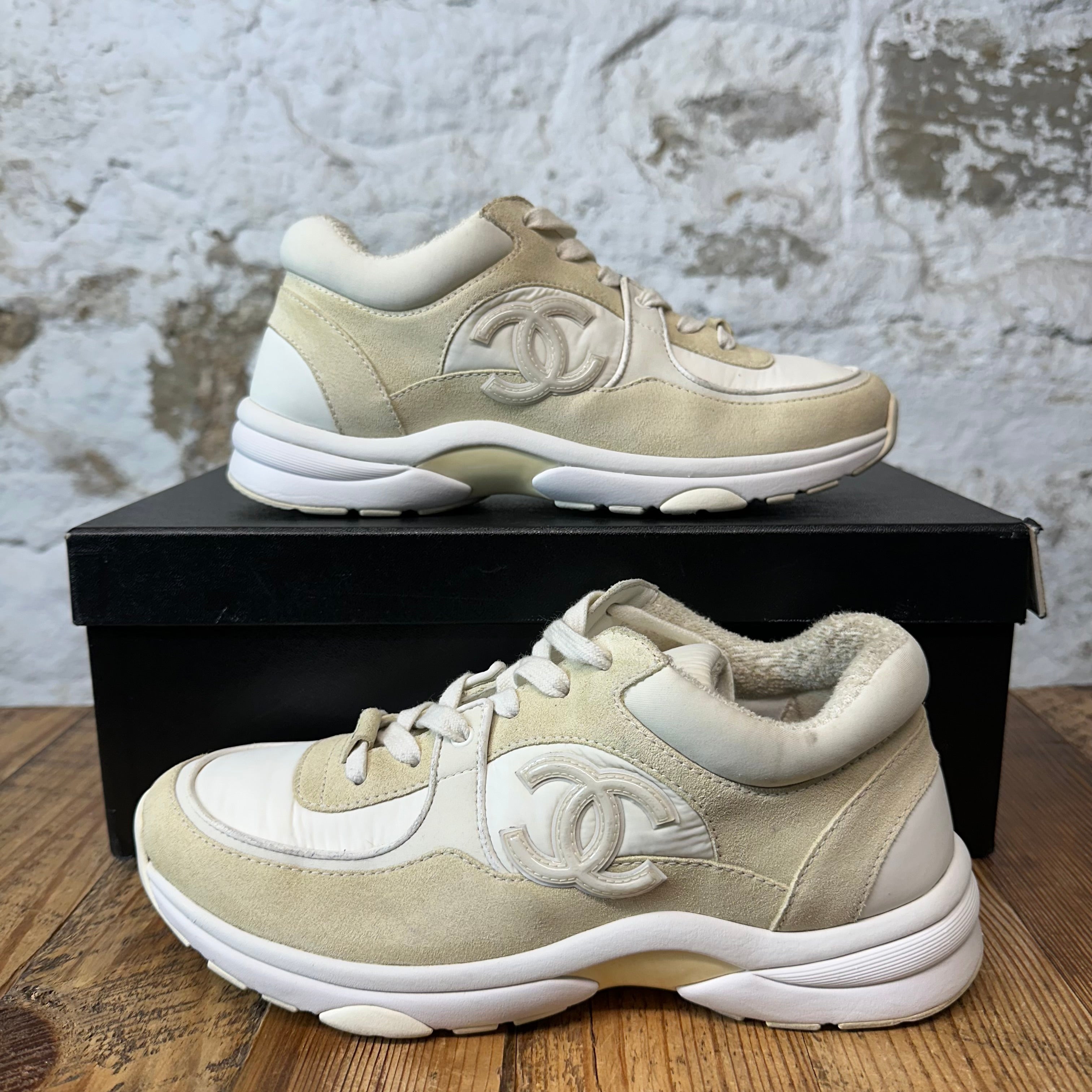 Chanel CC Beige White Trainer Sneaker Sz 6 (38)