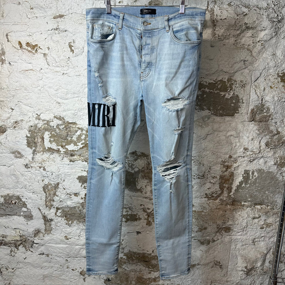 Amiri Black Stitch Spell Lightwash Blue Denim Jeans Sz 38