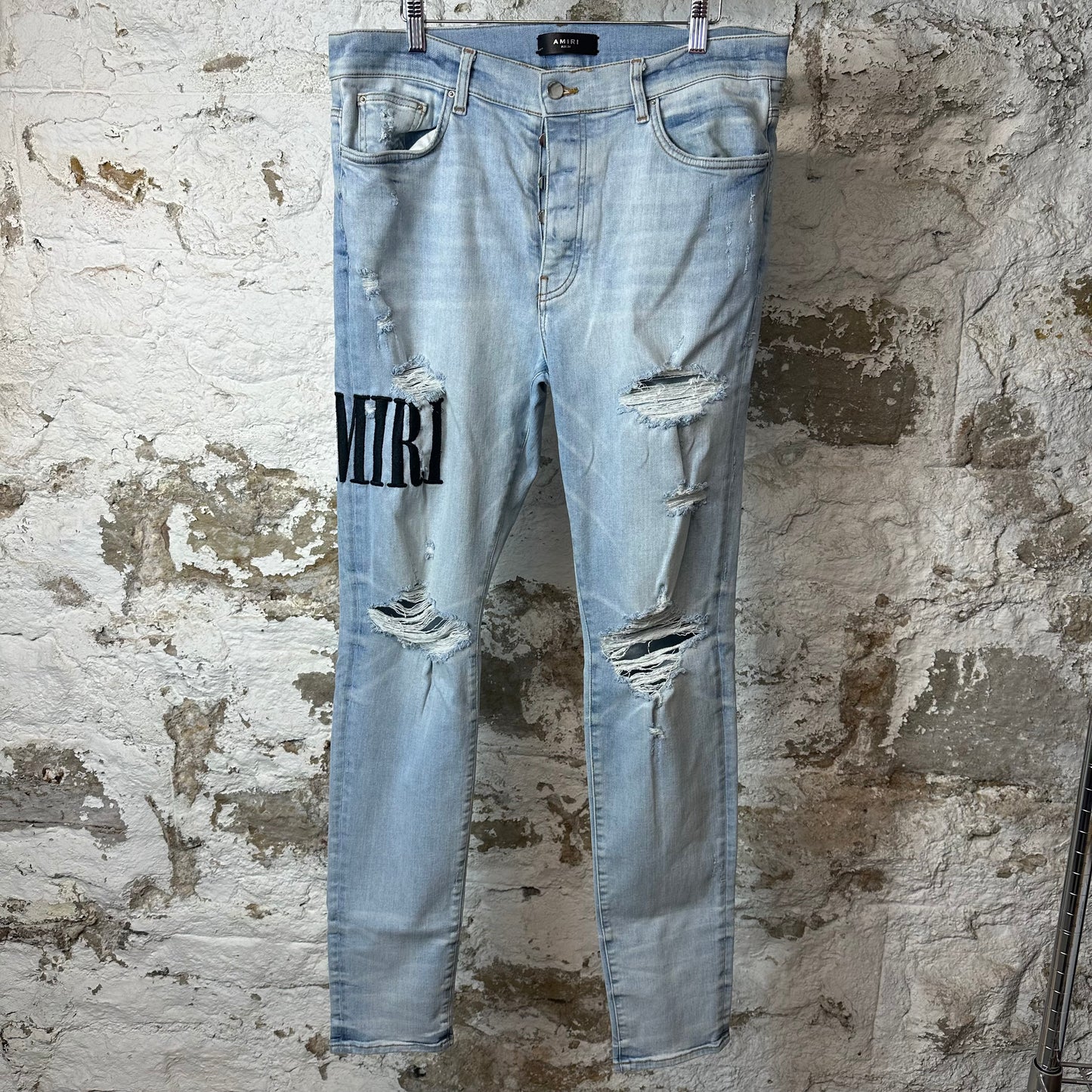 Amiri Black Stitch Spell Lightwash Blue Denim Jeans Sz 38